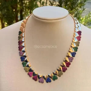 Colar corações cravejados - 40 cm - banhado a ouro 18k