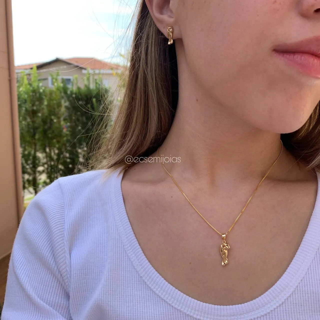 Conjunto de brinco e colar onça - 45 cm- banhado a ouro 18k