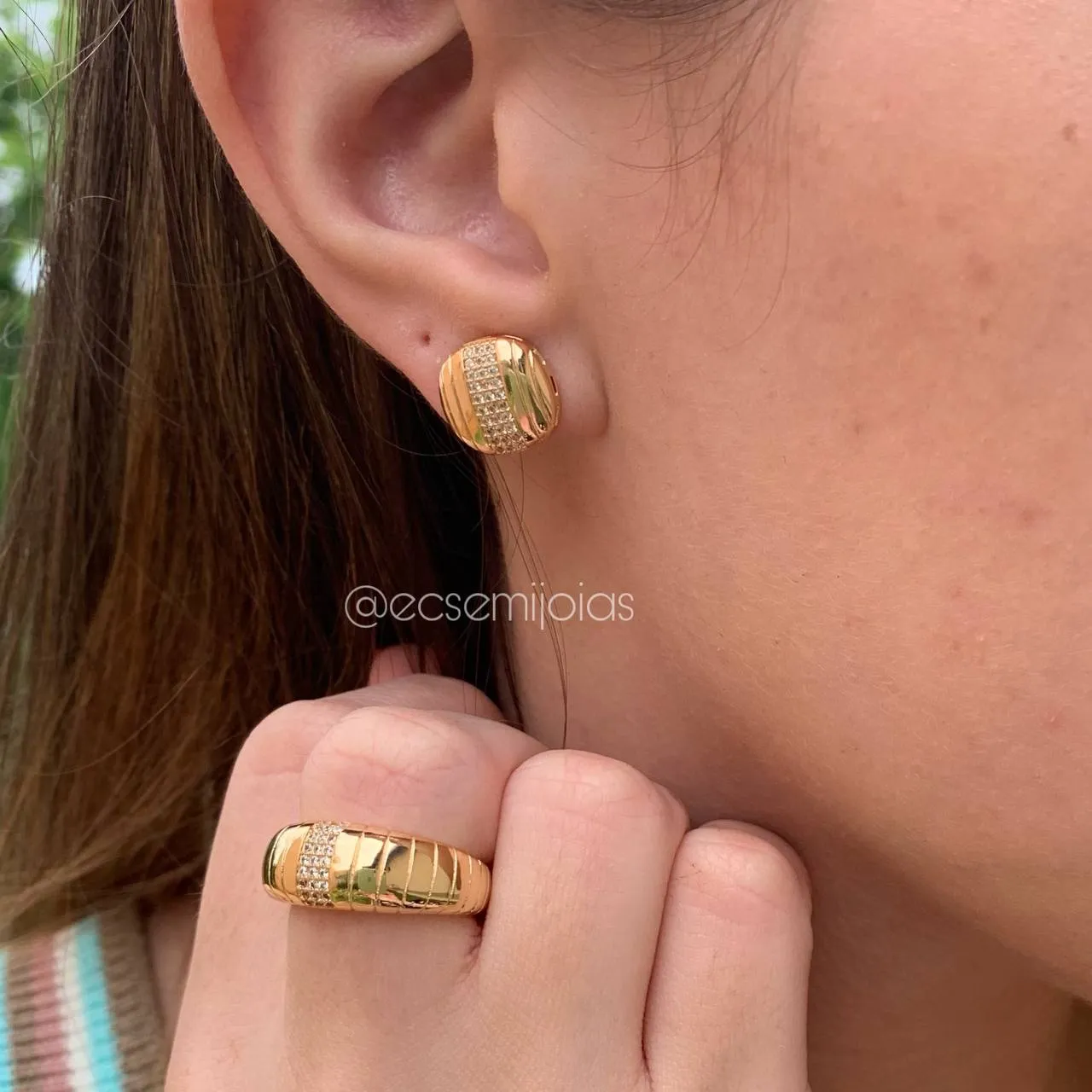 Conjunto brinco e anel quadrado com duas fileiras cravejadas  - banhado a ouro 18k