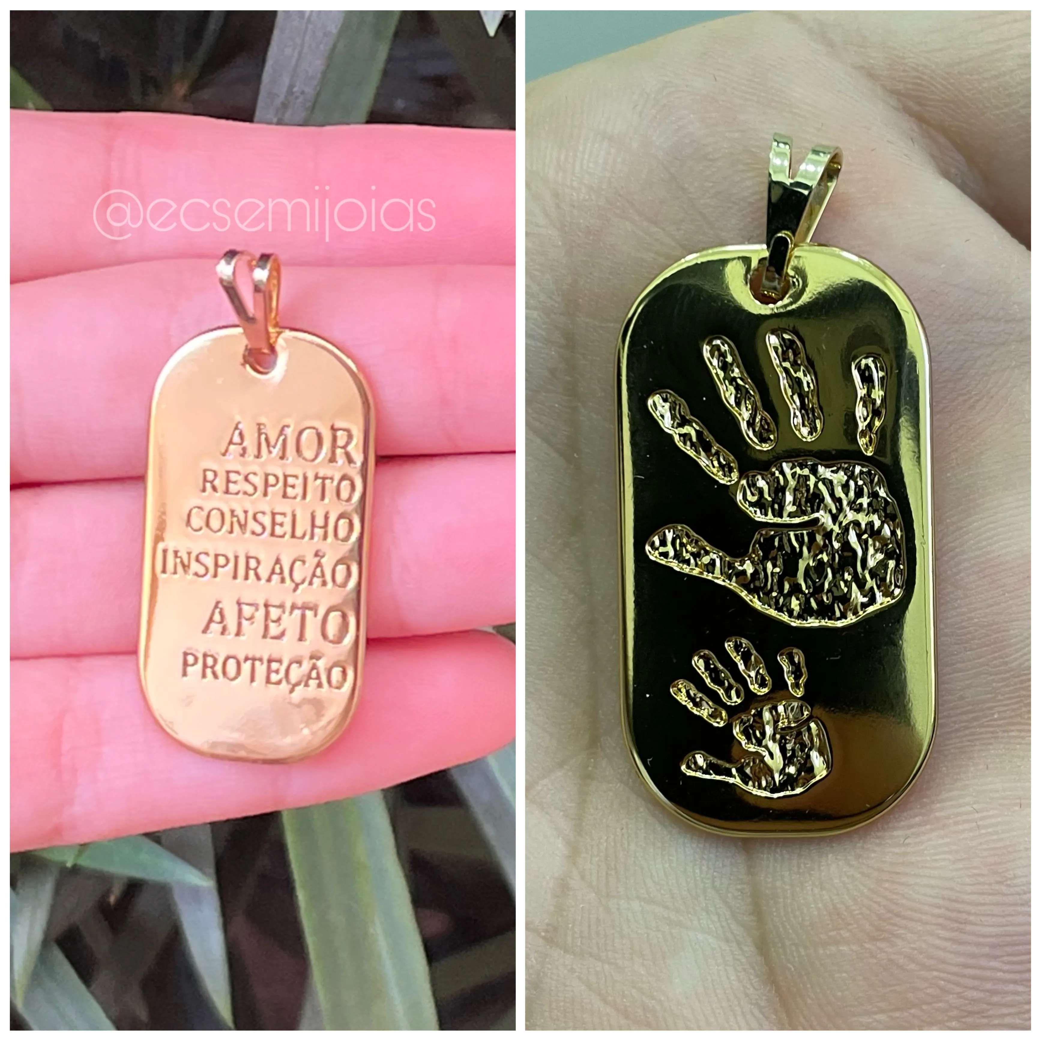 Pingente placa AMOR, RESPEITO, CONSELHO (verso com 2 mãos) - 20X37mm - banhado a ouro 18k