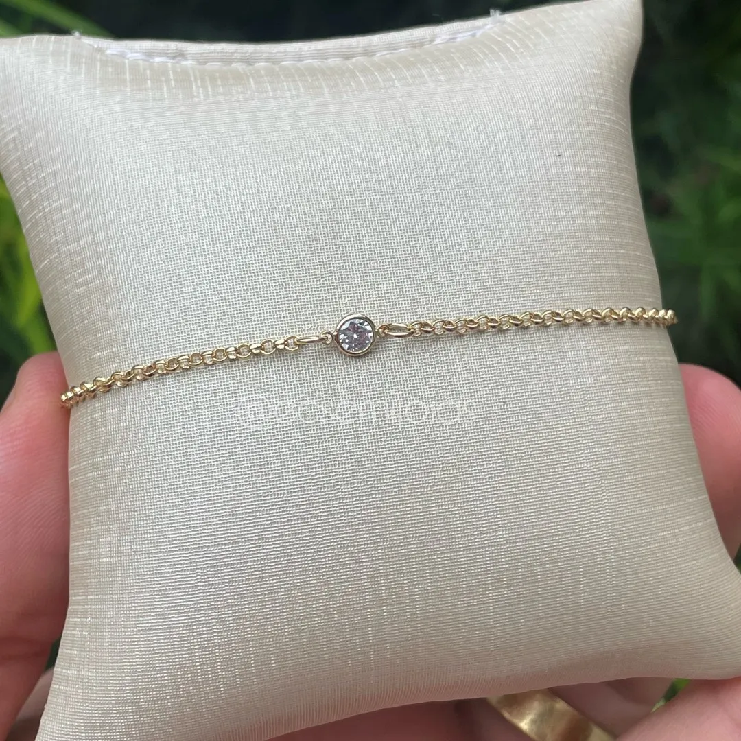 Pulseira elo português fino com 1 zircônia - 15cm - banhado a ouro 18k