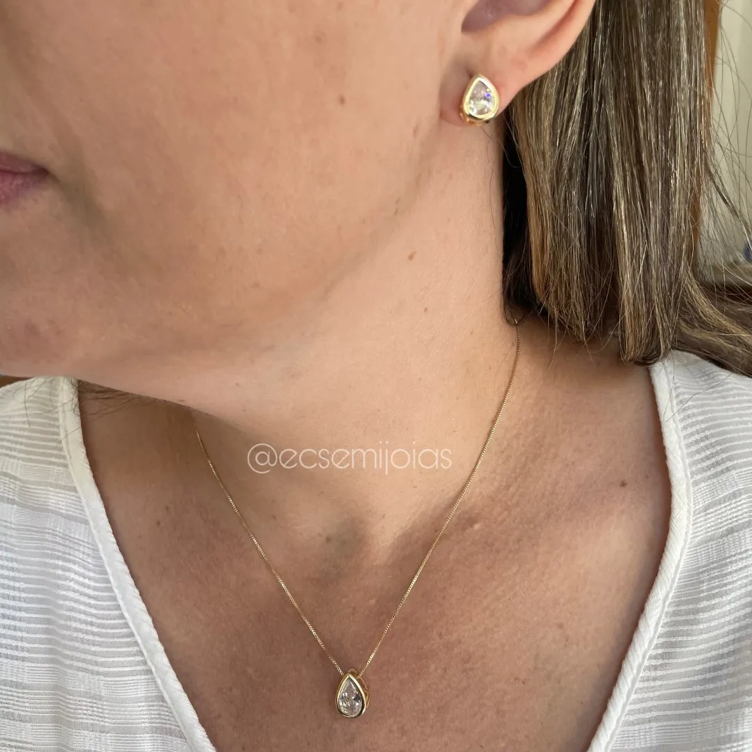 Conjunto de brinco e colar de gota de zircônia - banhado a ouro 18k