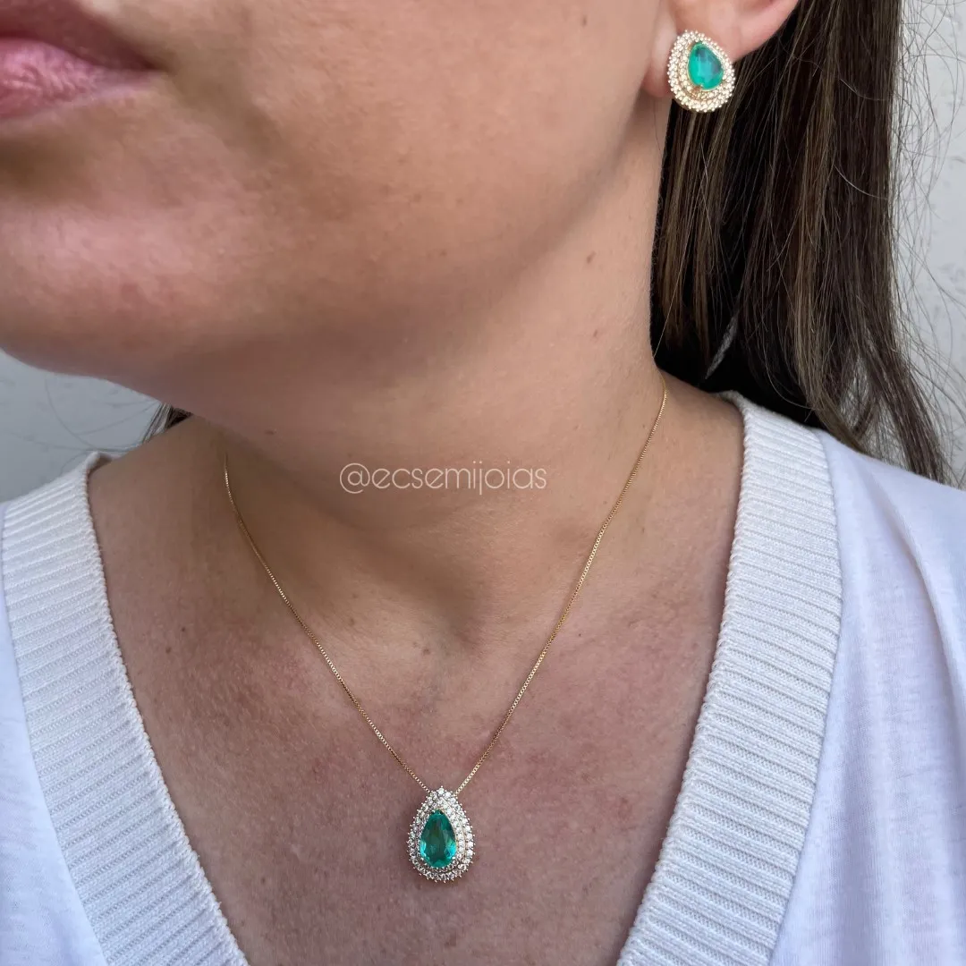 Conjunto de brinco e colar de gota de pedra fusion cravejado em volta - banhado a ouro 18k