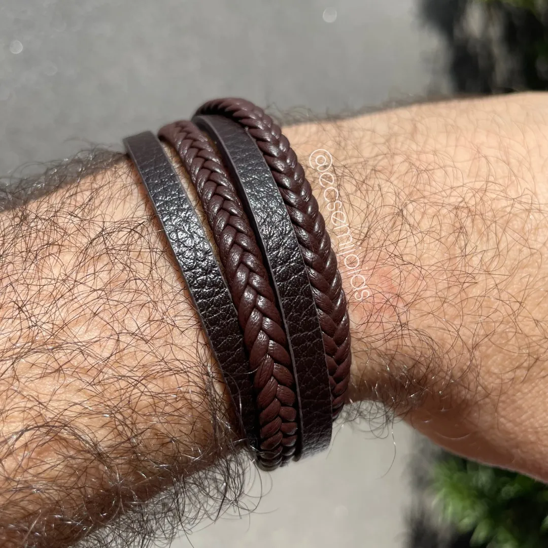 Pulseira masculina de corino com 2 trançados, 2 lisos e fecho de encaixe de aço - aço