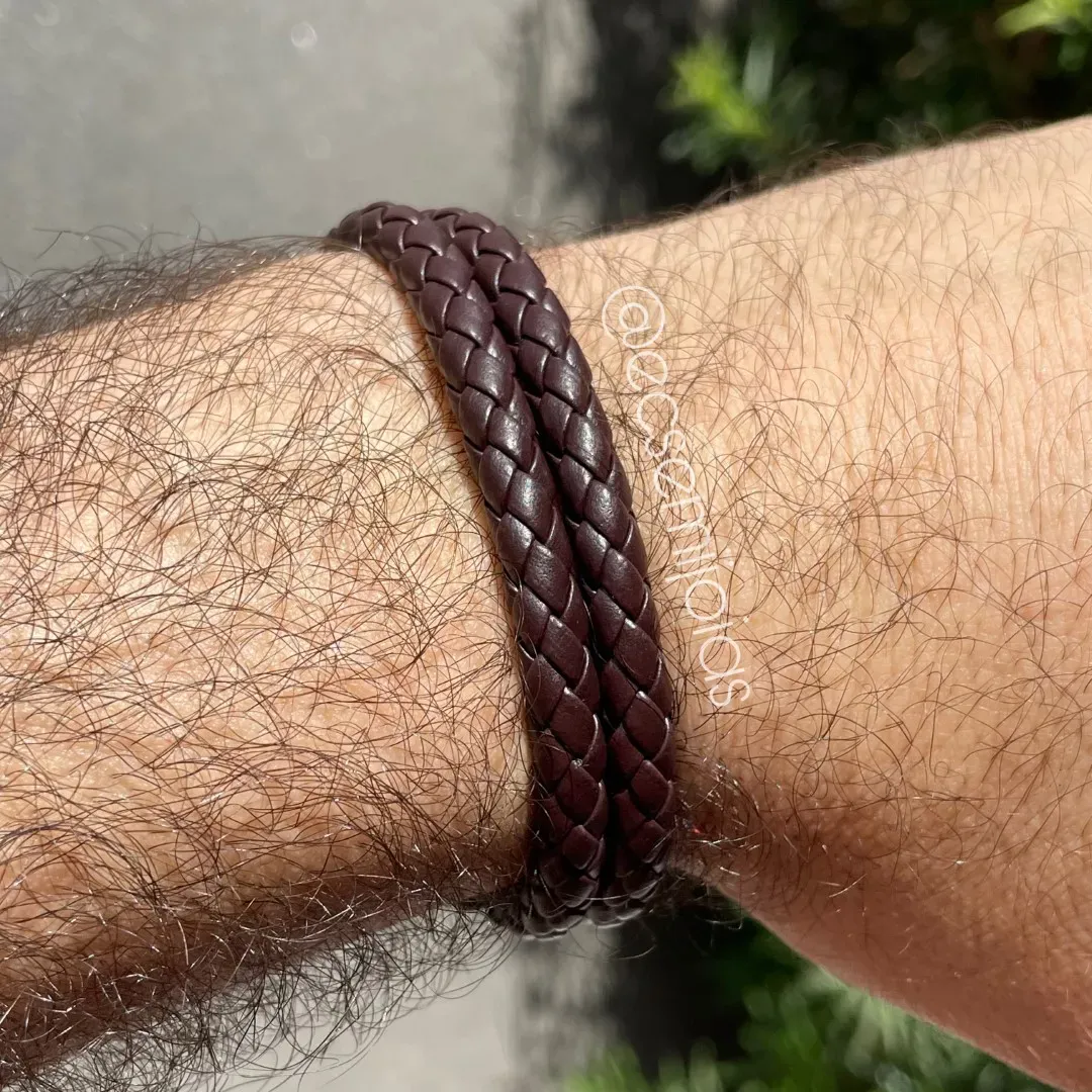 Pulseira masculina de corino com 2 trançados e fecho de encaixe de aço - aço