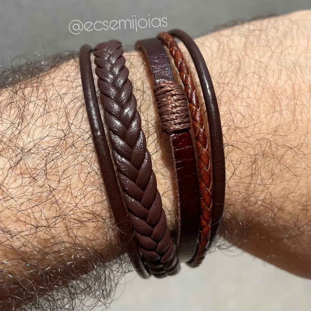 Pulseira masculina de corino com 5 trançados diferentes com fecho de encaixe de aço - aço