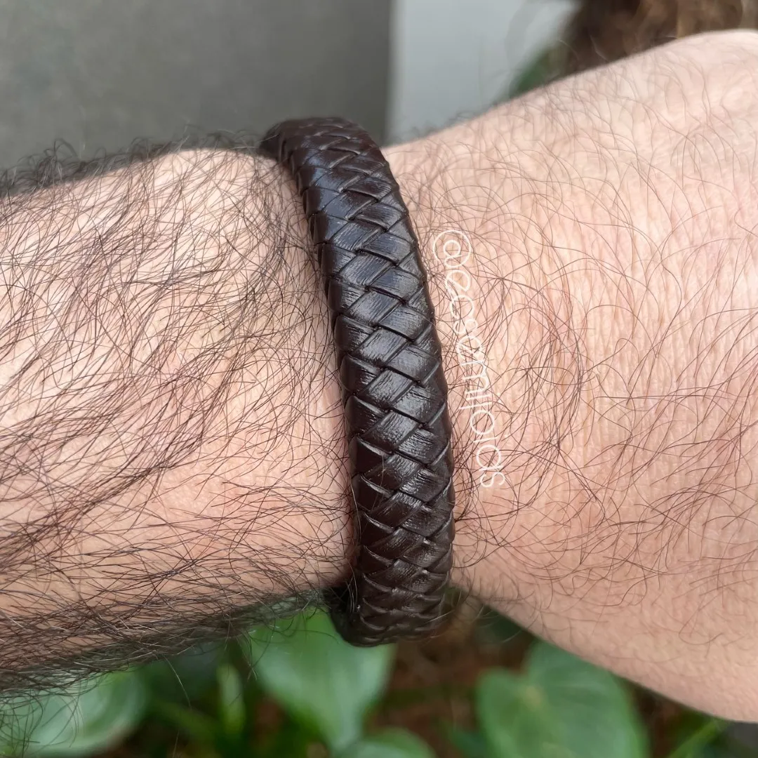 Pulseira masculina de couro trançado e fecho de encaixe de aço - aço