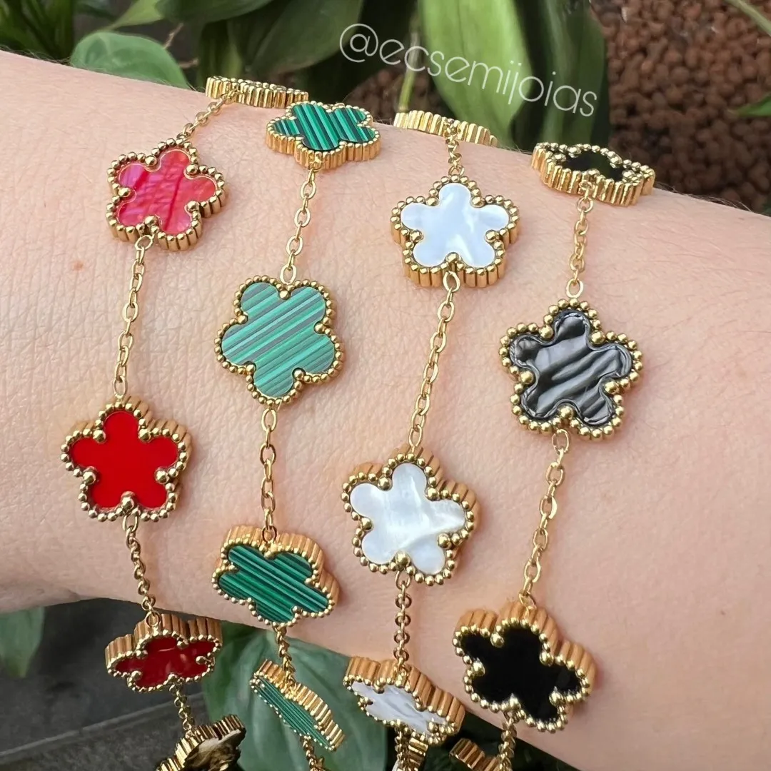 Pulseira flor com 5 pétalas - 16,5cm + extensor - aço dourado