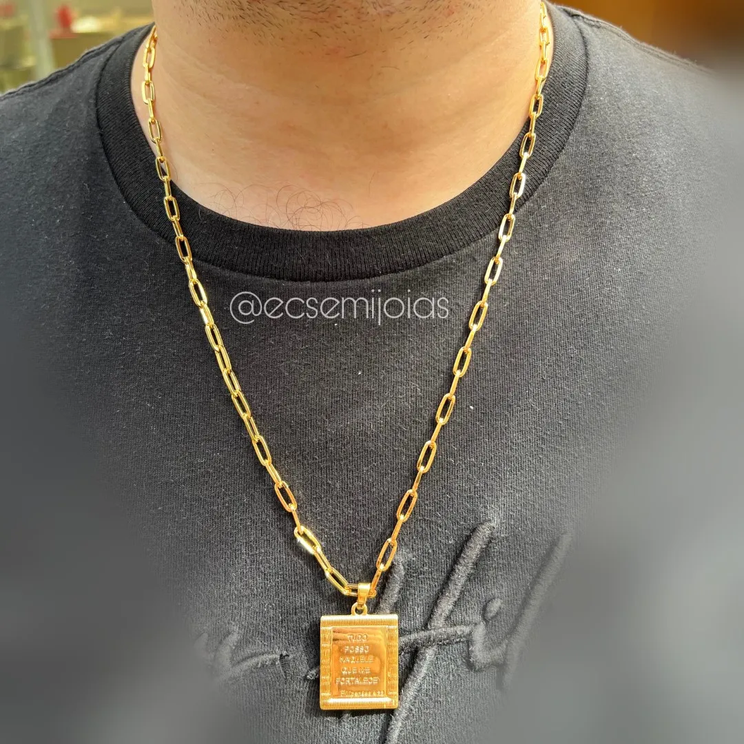 Corrente elo cartier 4mm com placa TUDO POSSO NAQUELE... - 60cm - banho ouro 18k