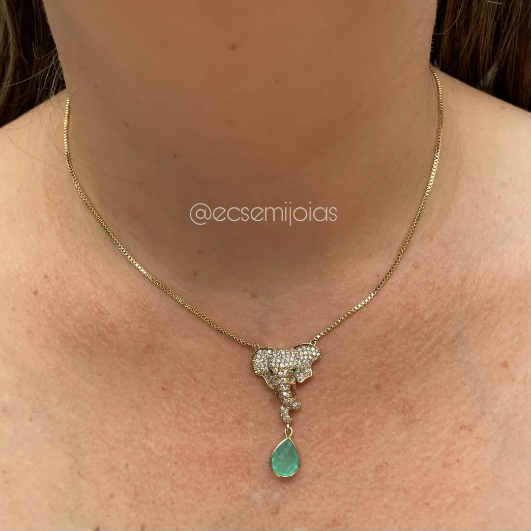 Conjunto de brinco e colar com cabeça de elefante cravejado com pedra gota fusion pendurada - colar ajustável - banhado a ouro 18k