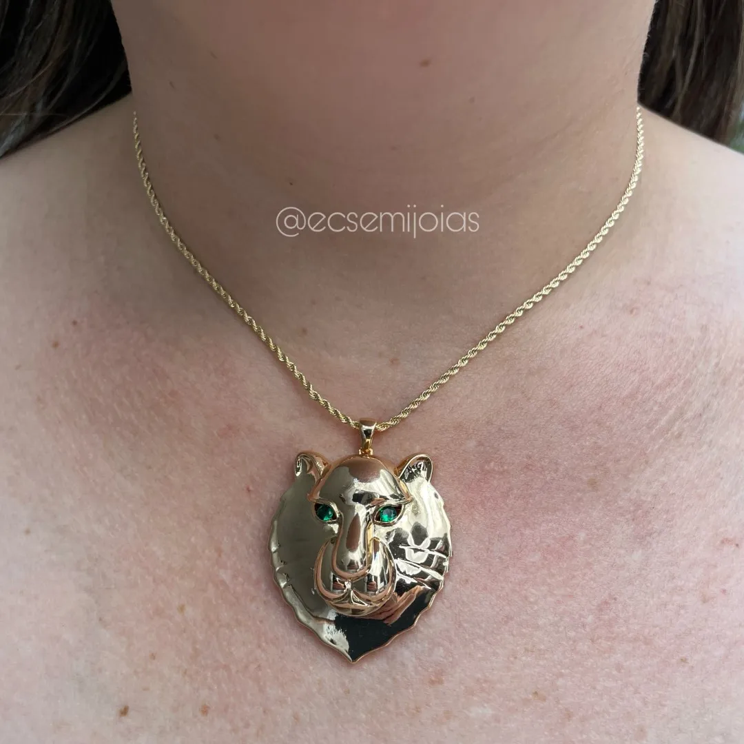 Conjunto de brinco e colar com cabeça de tigre com olhos de zircônia - cordão baiano de 45cm de 1,5mm - banhado a ouro 18k