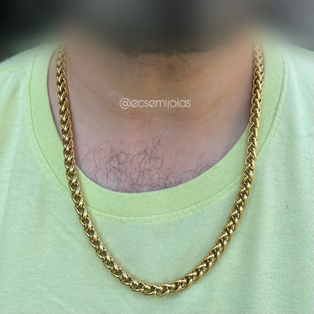 Colar masculino elo palmeira 7mm - 60cm - aço dourado