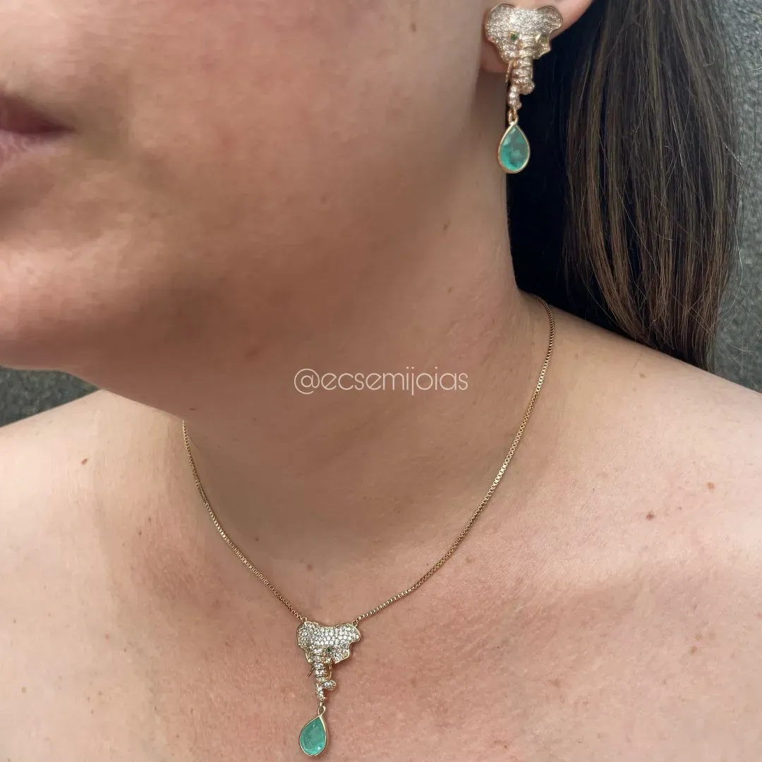 Conjunto de brinco e colar com cabeça de elefante cravejado com pedra gota fusion pendurada - colar ajustável - banhado a ouro 18k