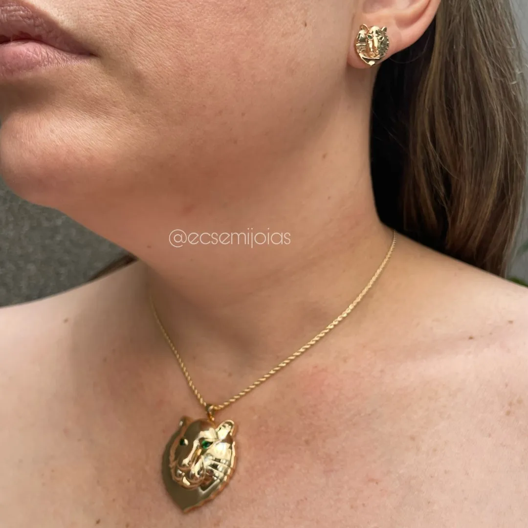 Conjunto de brinco e colar com cabeça de tigre com olhos de zircônia - cordão baiano de 45cm de 1,5mm - banhado a ouro 18k