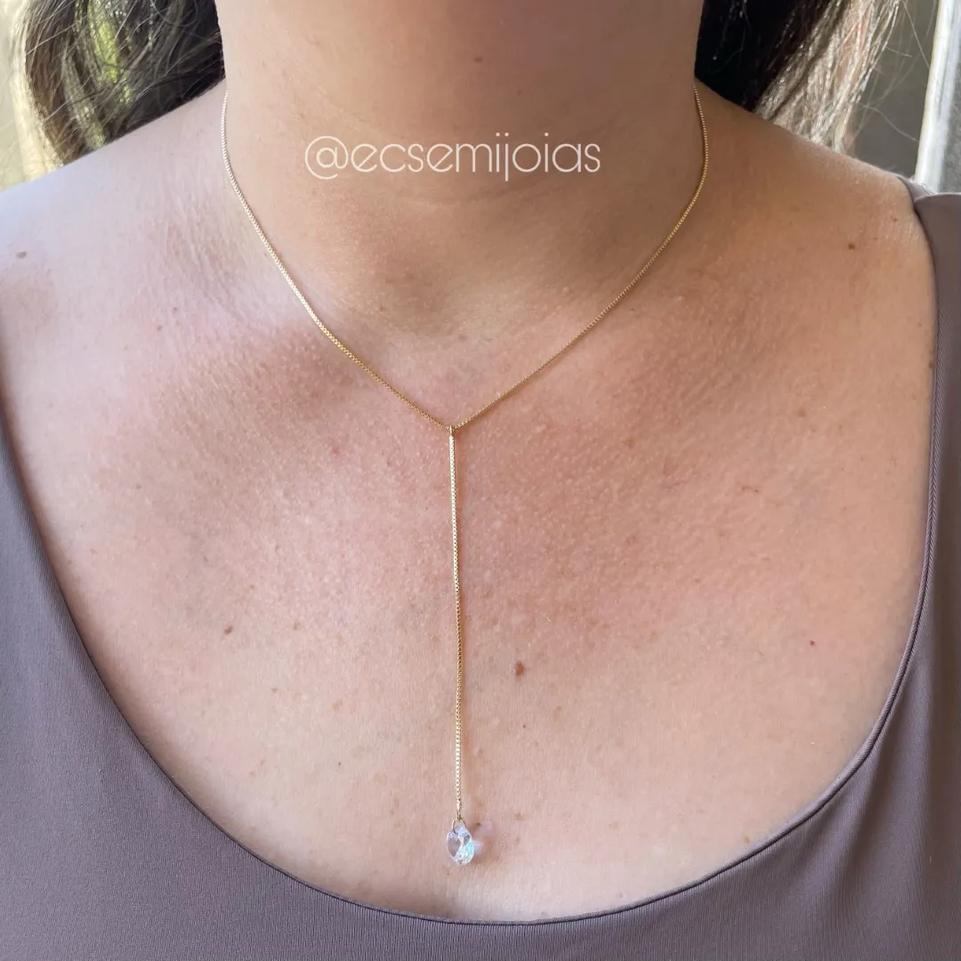 Colar gravata veneziana com zircônia redonda 8mm na ponta - 40cm + extensor - banhado a ouro 18k