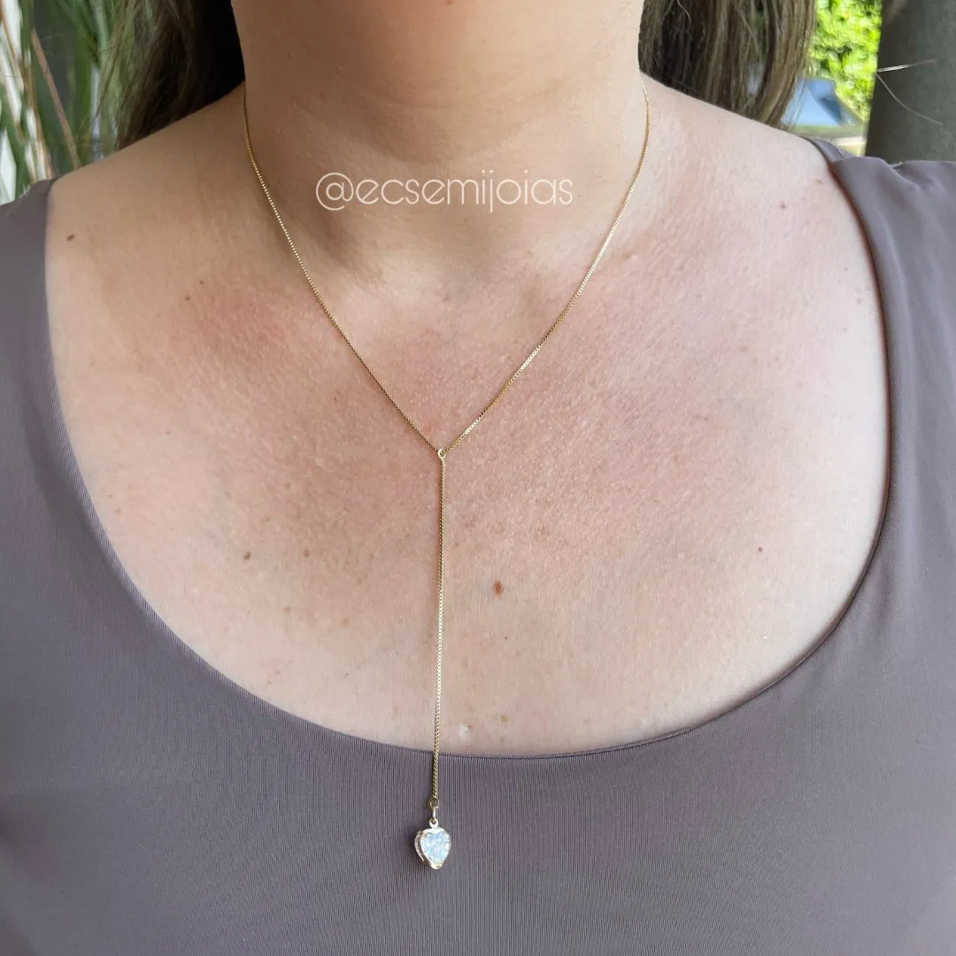 Colar veneziana gravata com coração 8mm na ponta - 40cm + extensor - banhado a ouro 18k