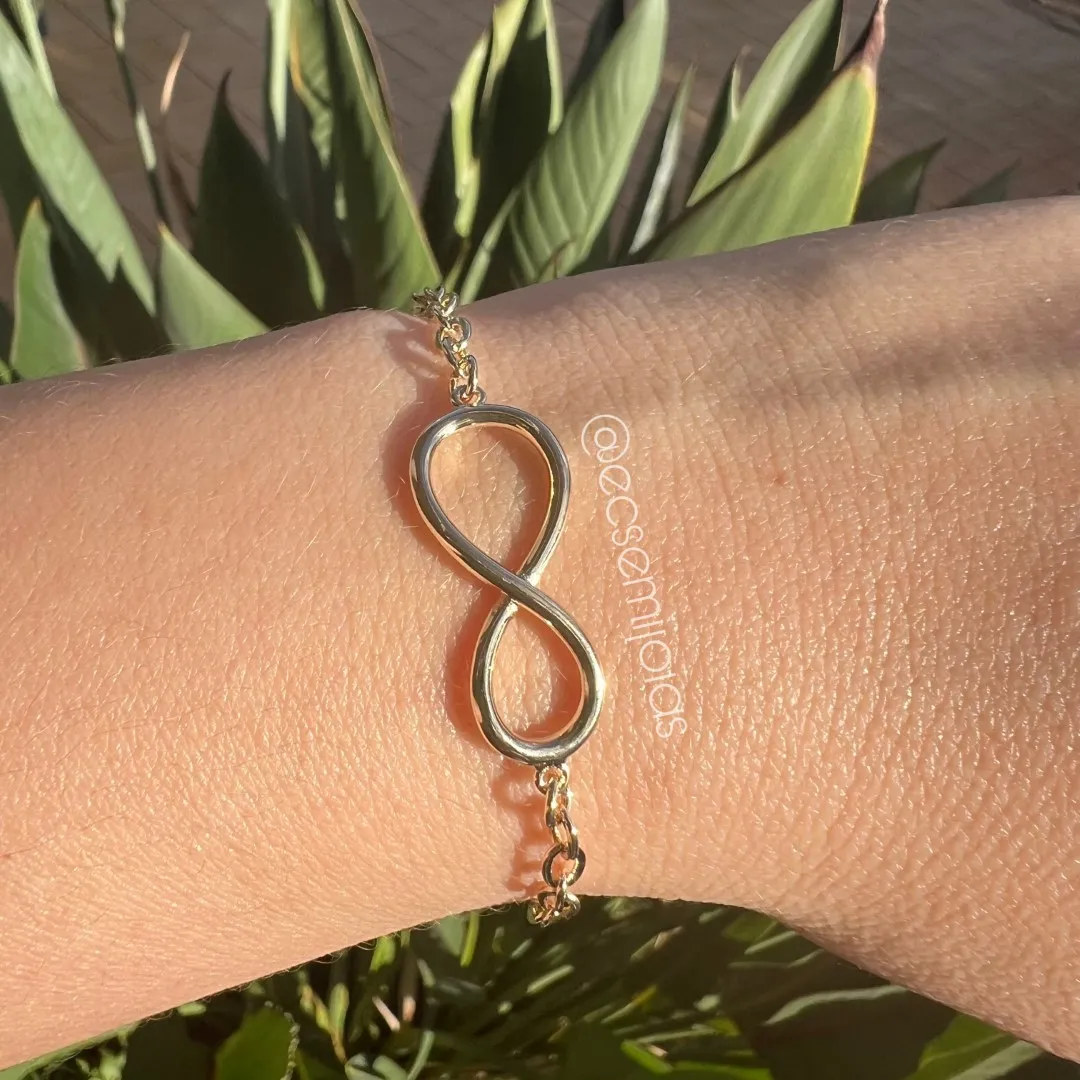 Pulseira de elo português com infinito liso - 18m + extensor - banhado a ouro 18k