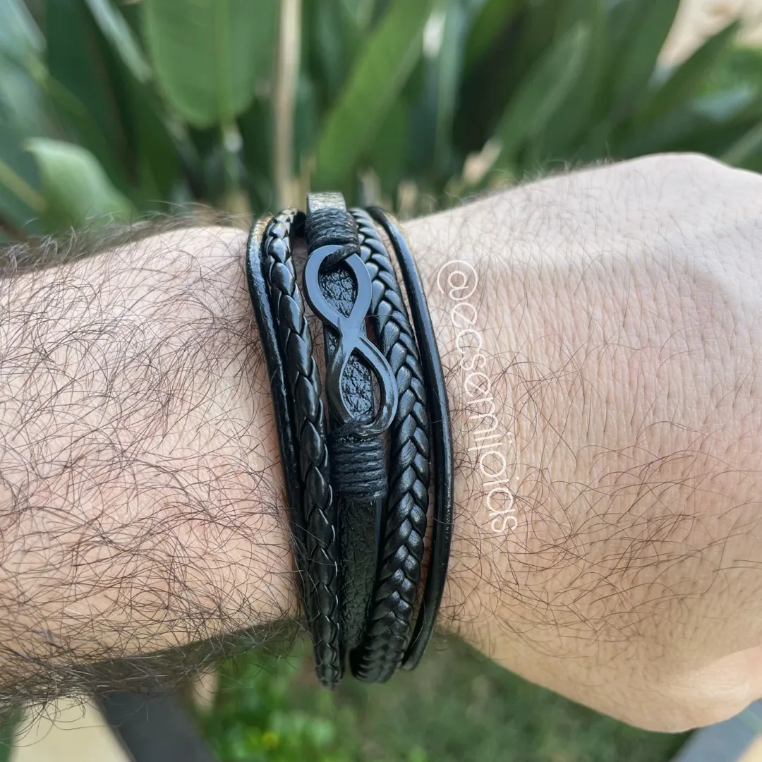 Pulseira masculina de corino com 5 trançados diferentes com infinito e fecho de encaixe de aço - aço