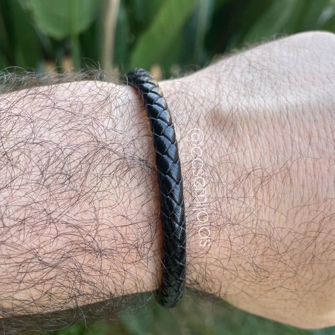 Pulseira masculina de corino trançado com fecho de encaixe de aço - aço