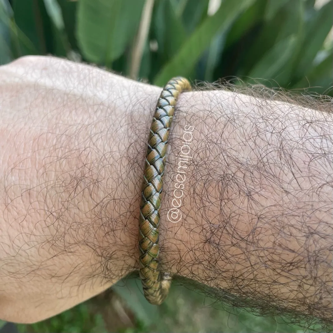 Pulseira masculina de corino trançado com fecho de encaixe de aço - aço