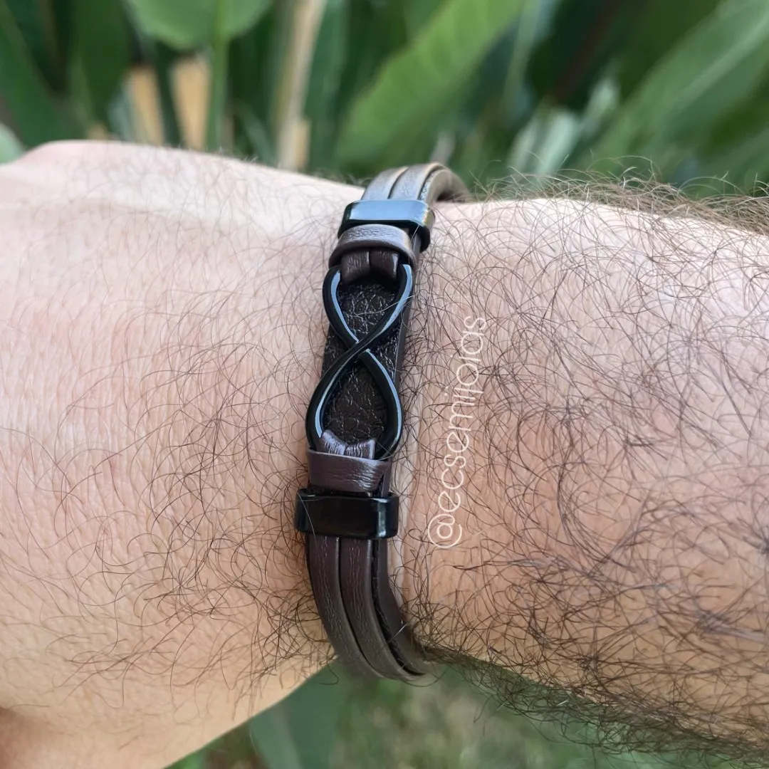 Pulseira masculina de couro com infinito em aço e fecho de trava de aço - aço