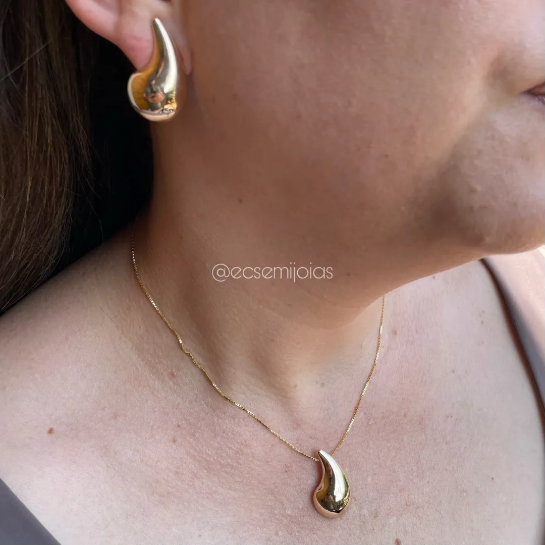 Conjunto de brinco e colar de gota lisa polida - pingente 3cm - 45cm - banhado a ouro 18k