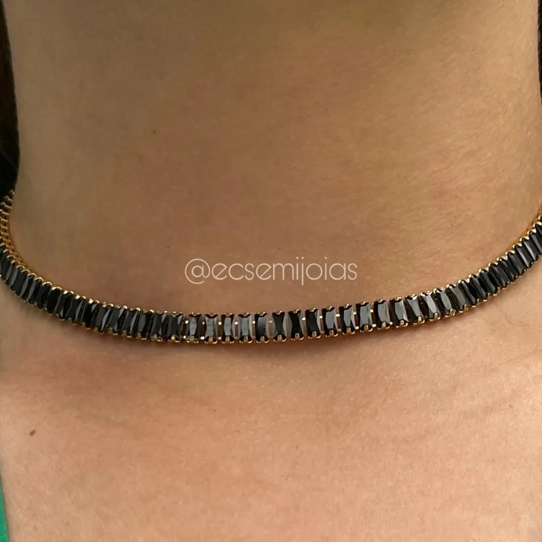 Choker com 100% zircônias baguetes 5mm - 35cm - banhado a ouro 18k