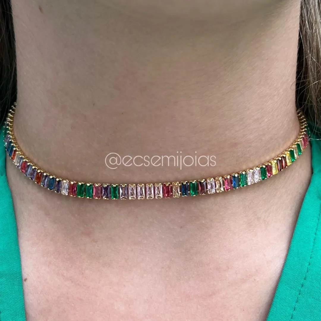 Choker com 100% zircônias baguetes 5mm - 35cm - banhado a ouro 18k