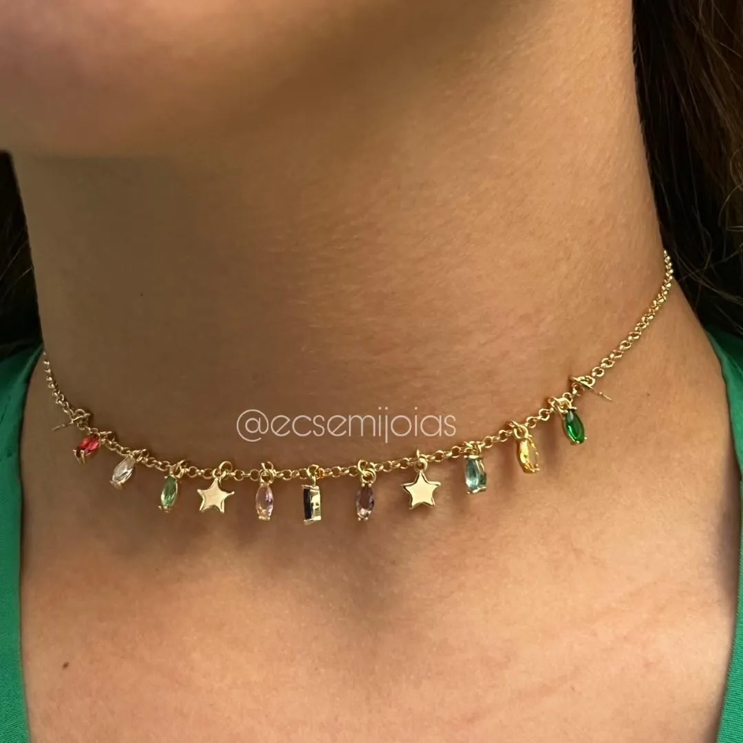 Choker com navetes coloridas penduradas e estrelas lisas - 32cm + extensor - banhado a ouro 18k