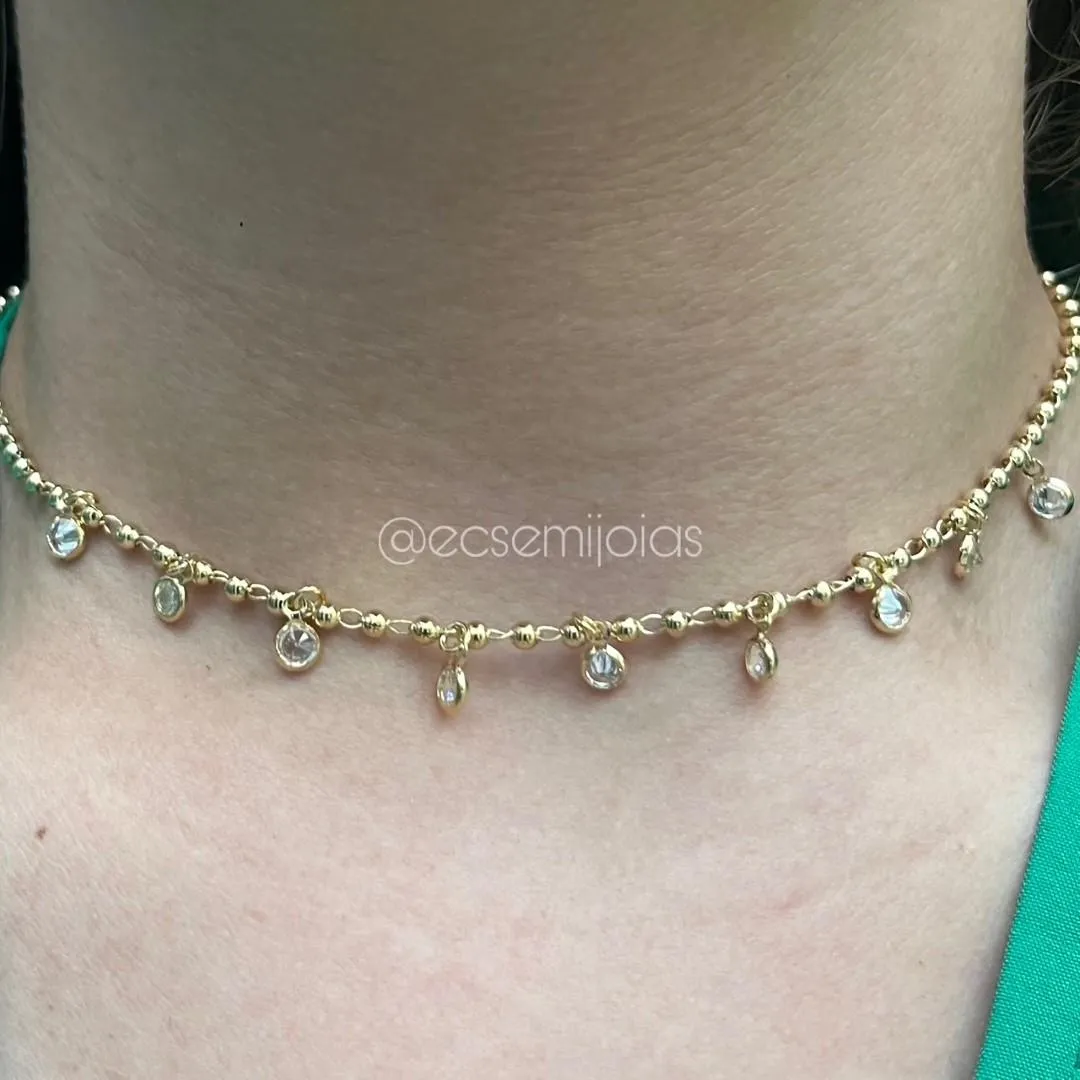 Colar de bolinhas lisas com zircônias penduradas - 40cm + extensor - banhado a ouro 18k