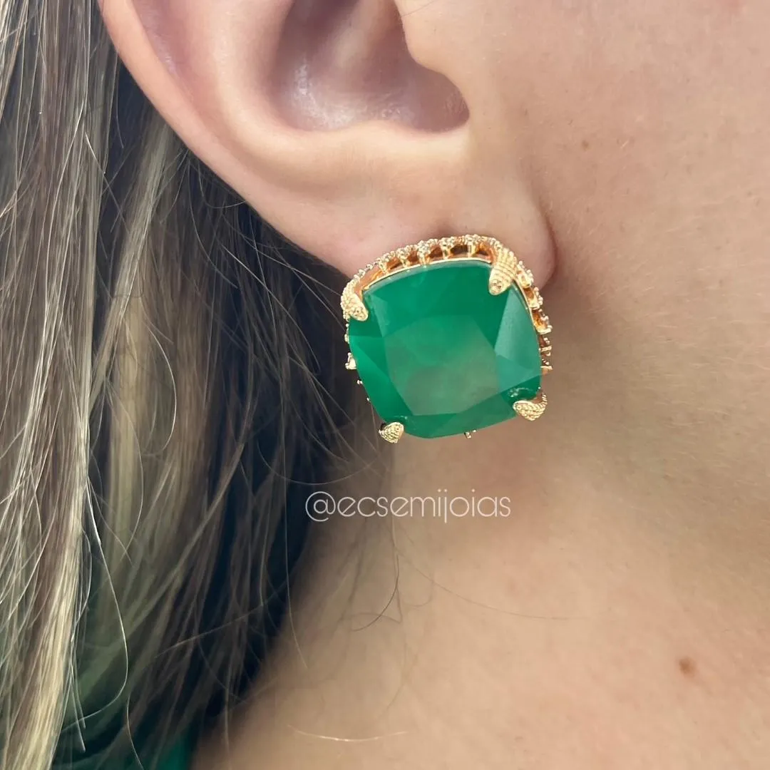 Conjunto de anel e brinco com pedra quadrada grande no centro cravejadas em volta - banhado a ouro 18k