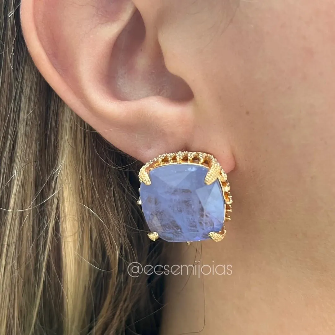 Conjunto de anel e brinco com pedra quadrada grande no centro cravejadas em volta - banhado a ouro 18k