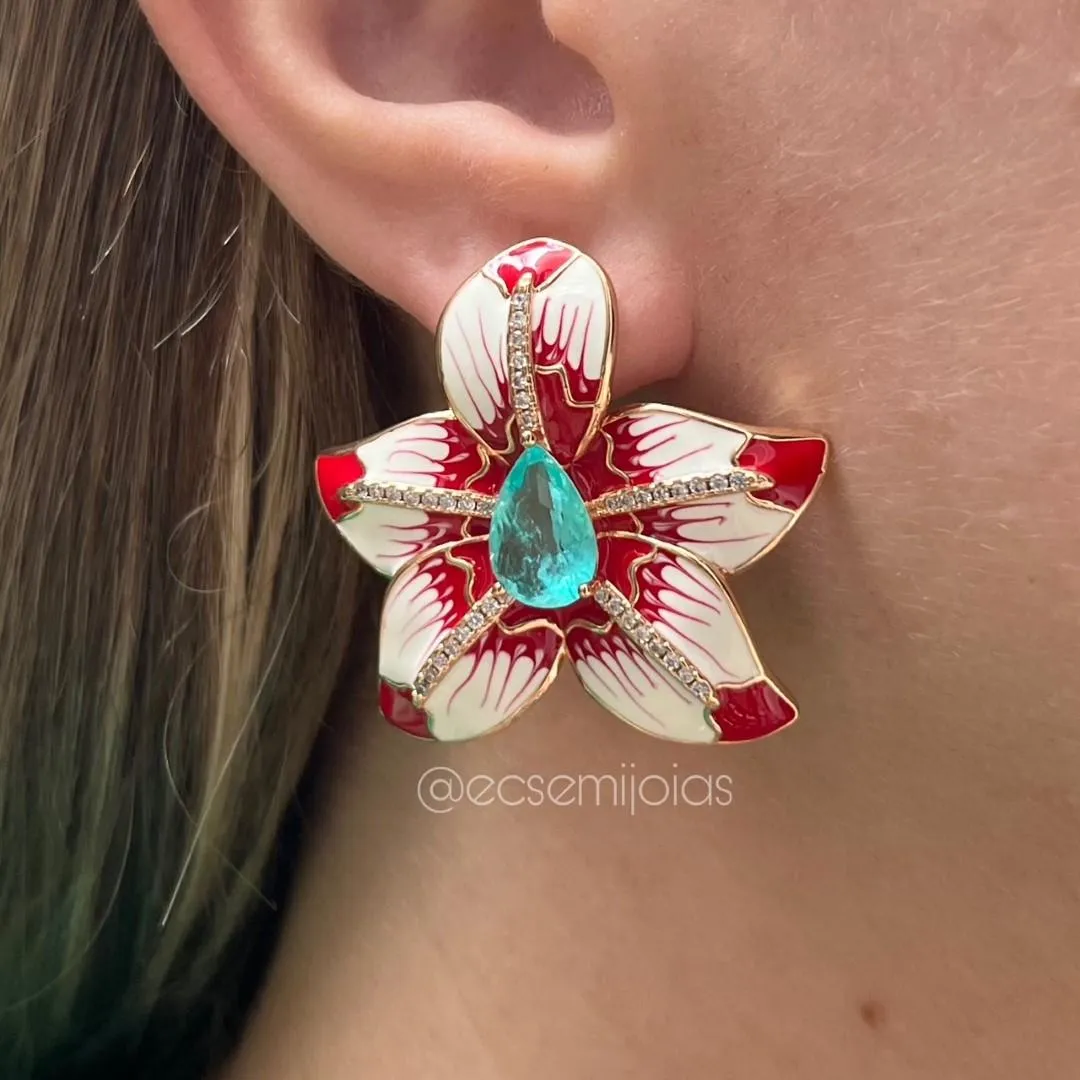 Conjunto de anel e brinco orquídea resinada com pedra gota no centro e fileiras cravejadas - banhado a ouro 18k