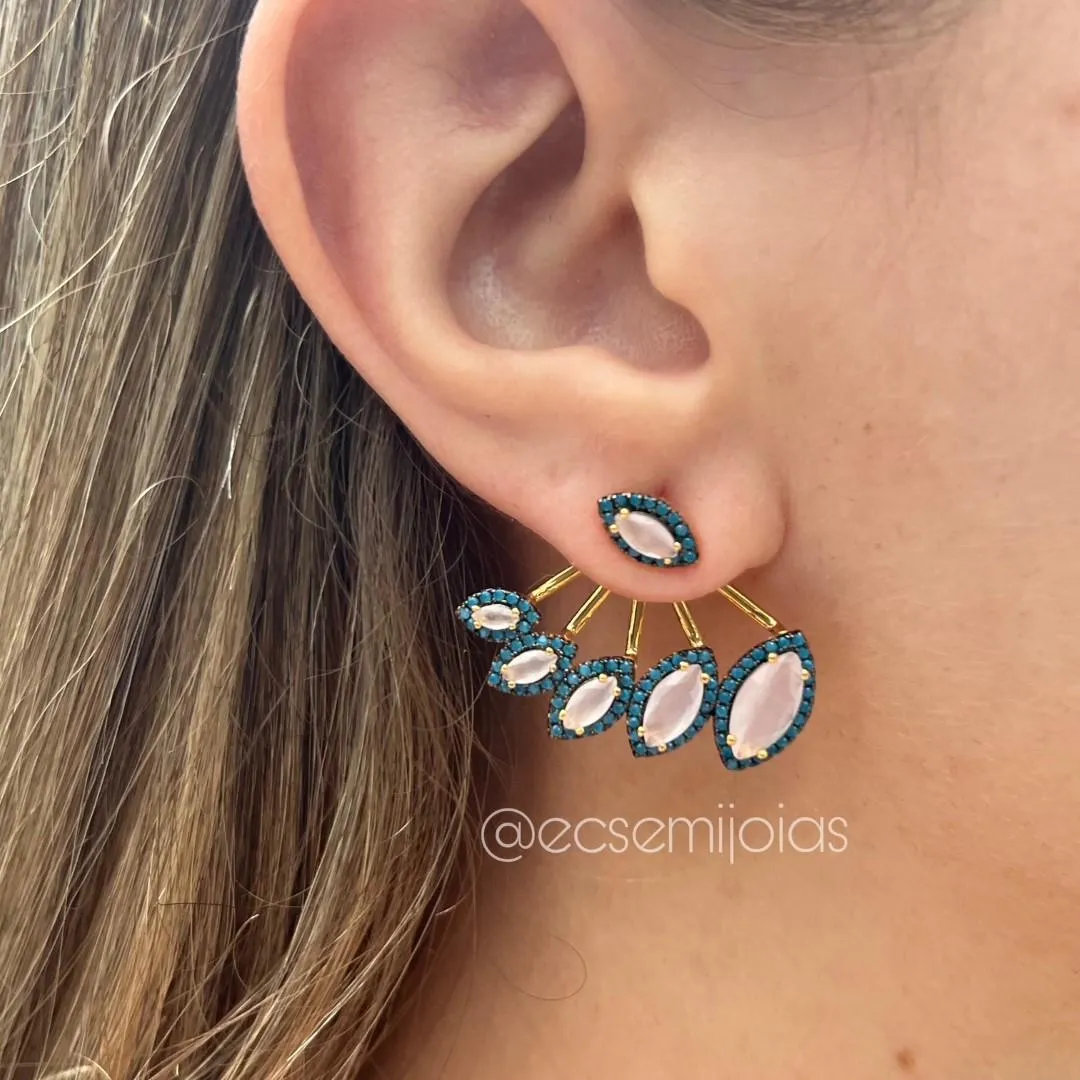 Conjunto de anel e brinco ear jacket e anel gota grande no centro cravejado em volta - banhado a ouro 18k