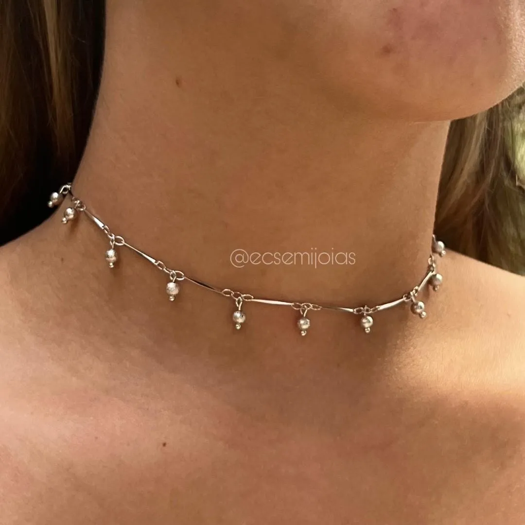 Choker com bastões e bolas diamantadas penduradas - 33cm + extensor - banhado a ródio branco