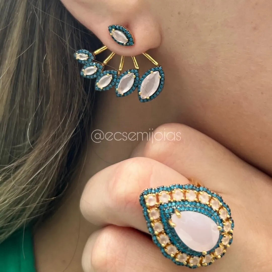 Conjunto de anel e brinco ear jacket e anel gota grande no centro cravejado em volta - banhado a ouro 18k