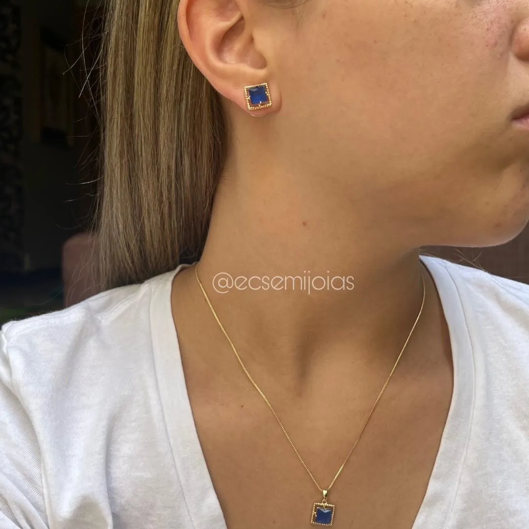 Conjunto de brinco e colar com pedra quadrada no centro com borda cravejada - 7mm - banhado a ouro 18k