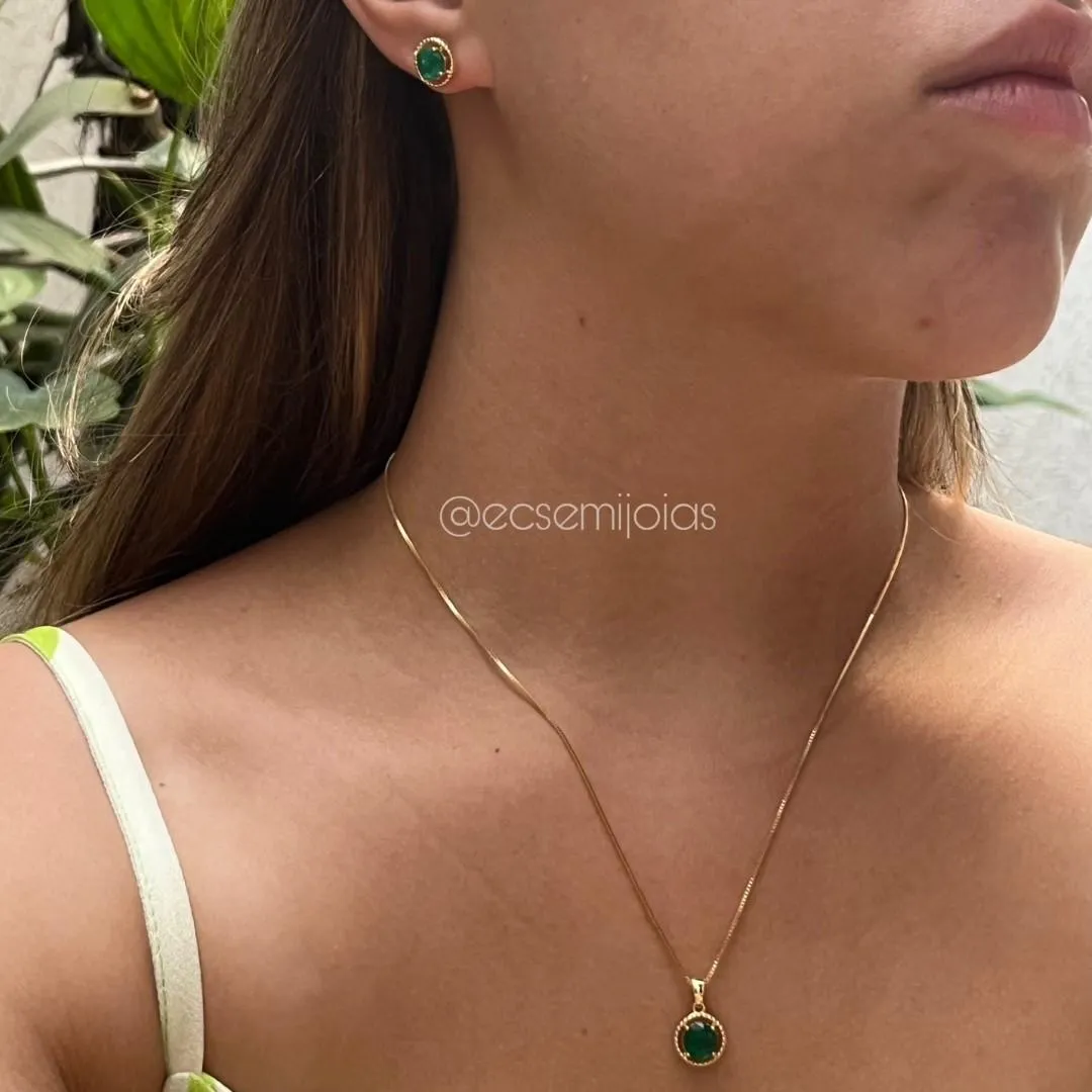 Conjunto de brinco e colar com pedra redonda no centro com borda cravejada - 7mm - banhado a ouro 18k