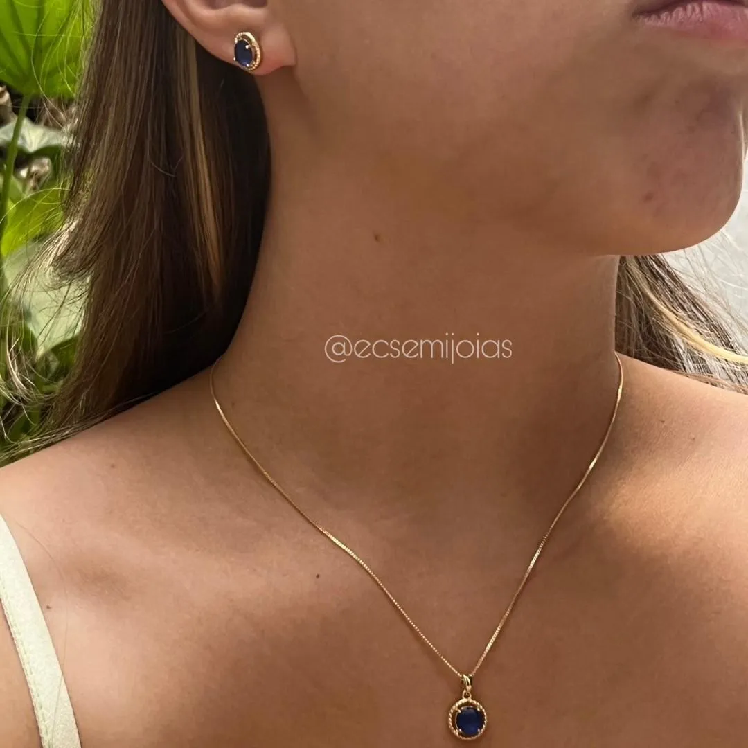 Conjunto de brinco e colar com pedra redonda no centro com borda cravejada - 7mm - banhado a ouro 18k