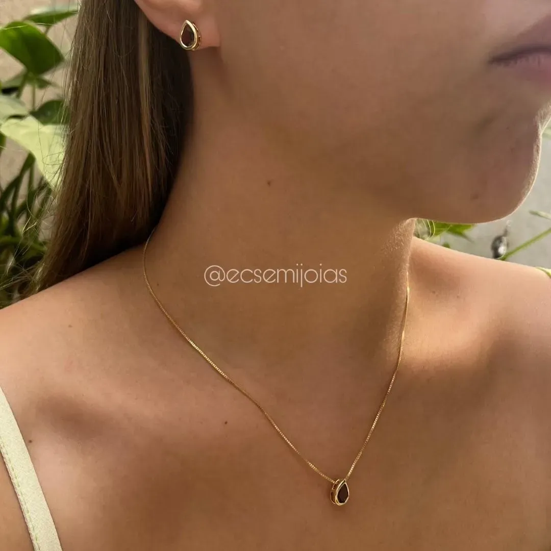 Conjunto de brinco e colar gota - 6x8mm - banhado a ouro 18k