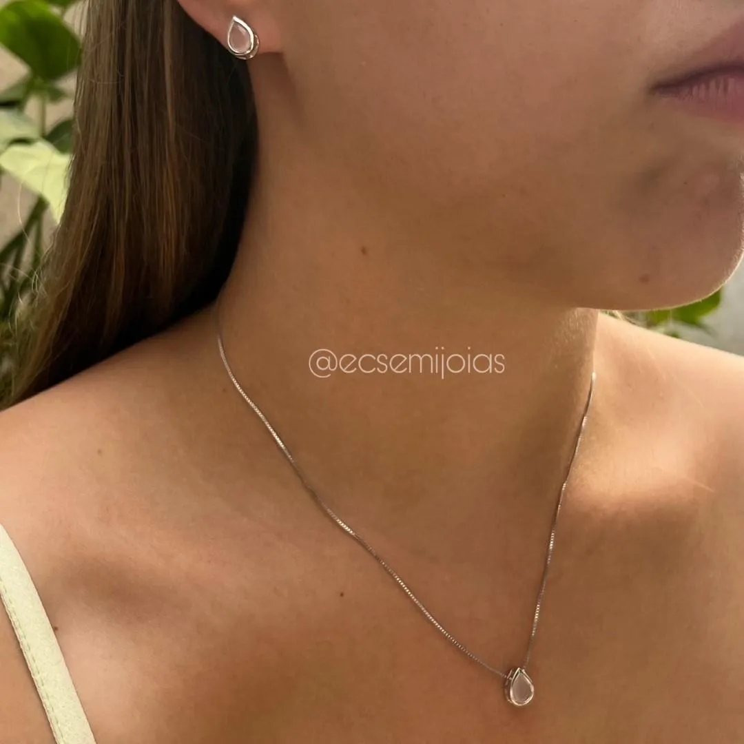 Conjunto de brinco e colar gota - 6x8mm - banhado a ródio branco