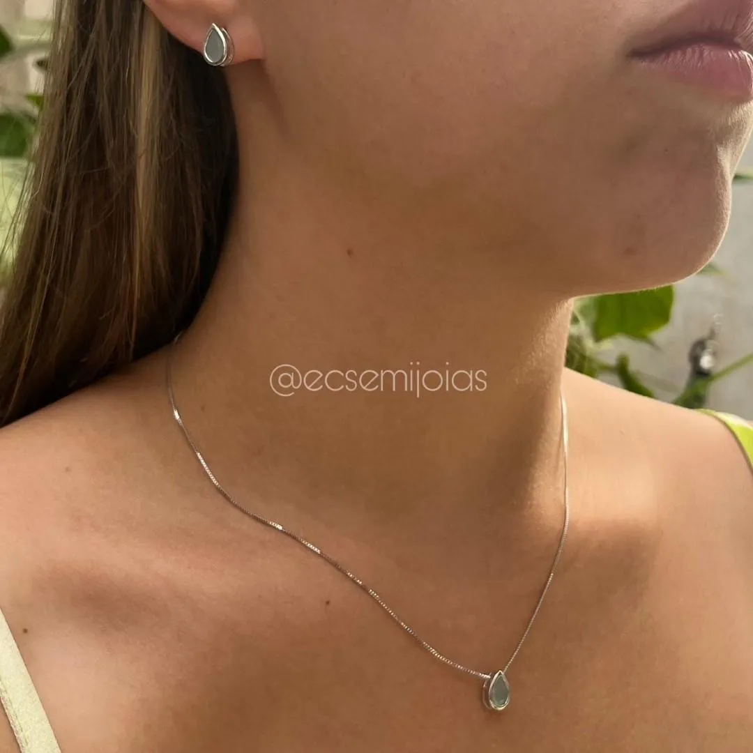 Conjunto de brinco e colar gota - 6x8mm - banhado a ródio branco