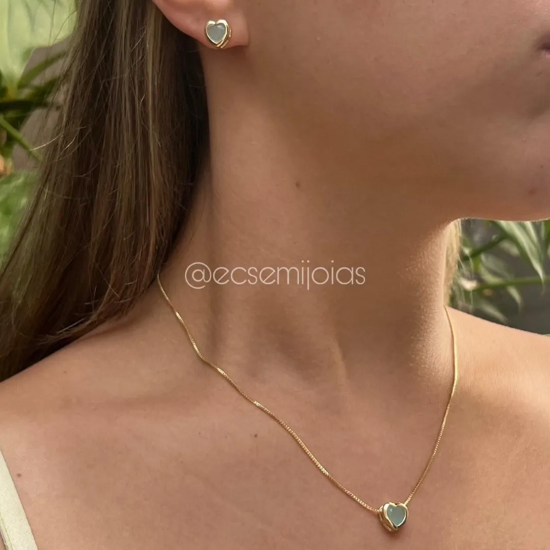 Conjunto de brinco e colar ponto de luz coração - 6mm - banhado a ouro 18k