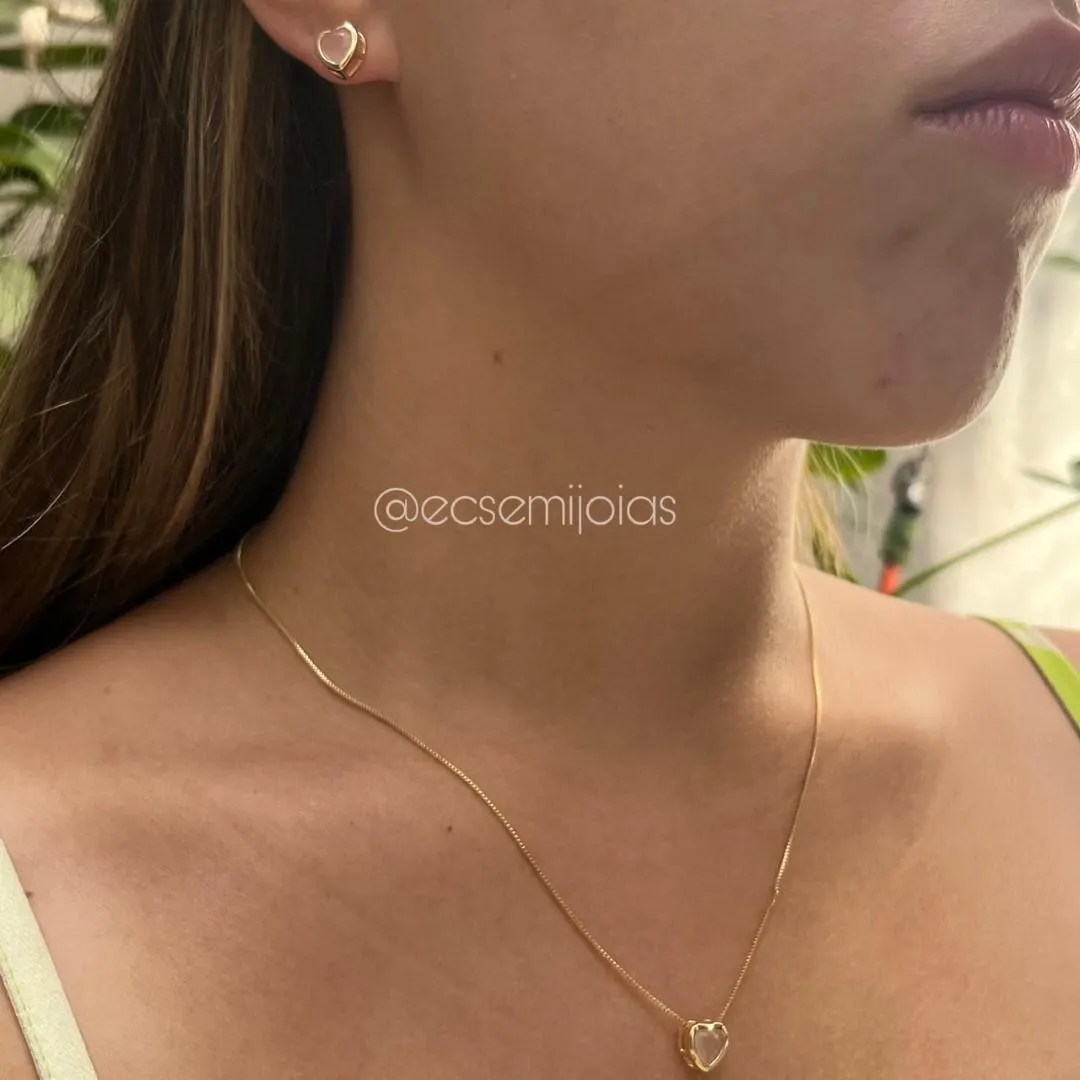 Conjunto de brinco e colar ponto de luz coração - 6mm - banhado a ouro 18k