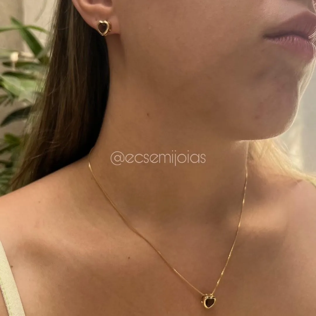 Conjunto de brinco e colar ponto de luz coração - 6mm - banhado a ouro 18k