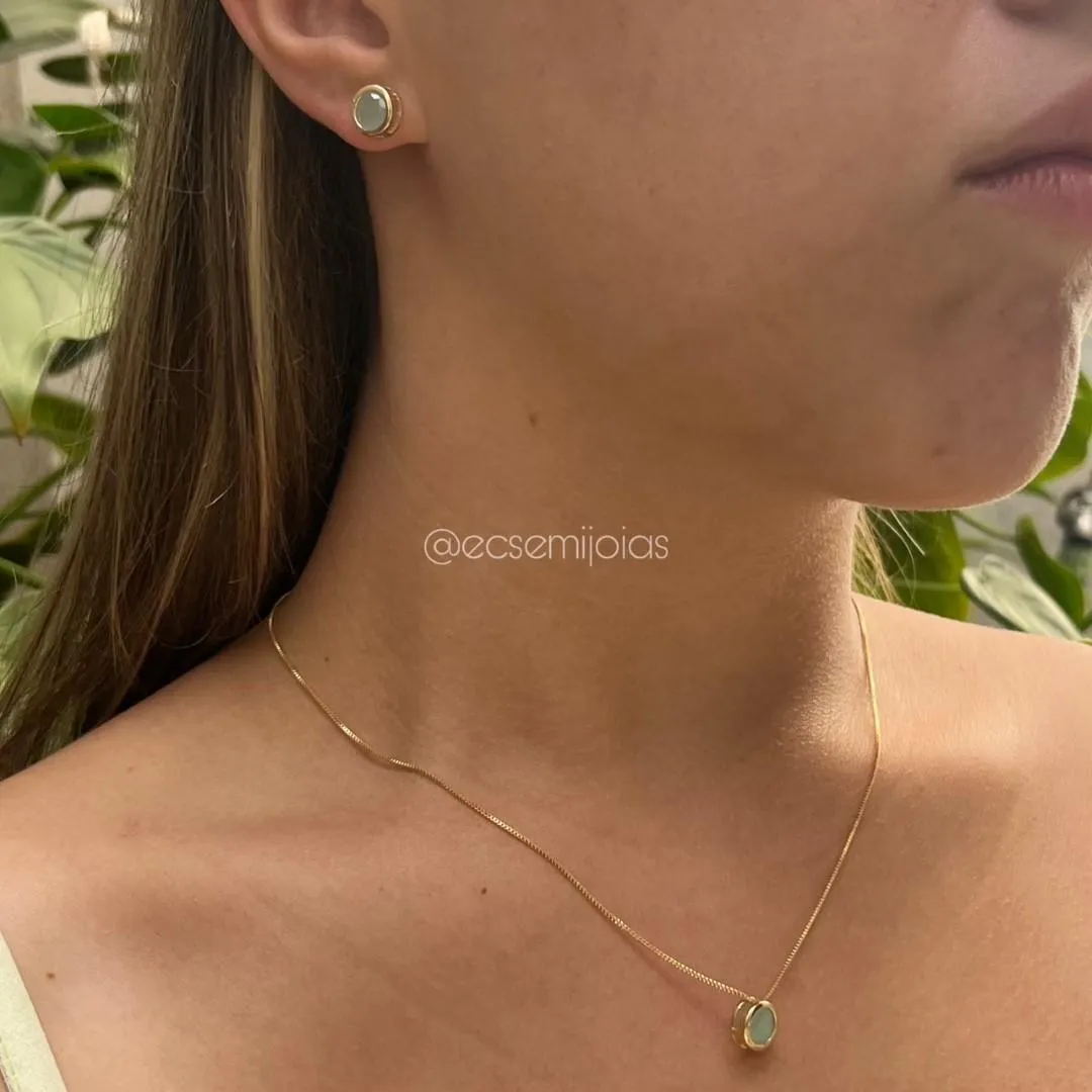 Conjunto de brinco e colar ponto de luz redondo - 6mm - banhado a ouro 18k