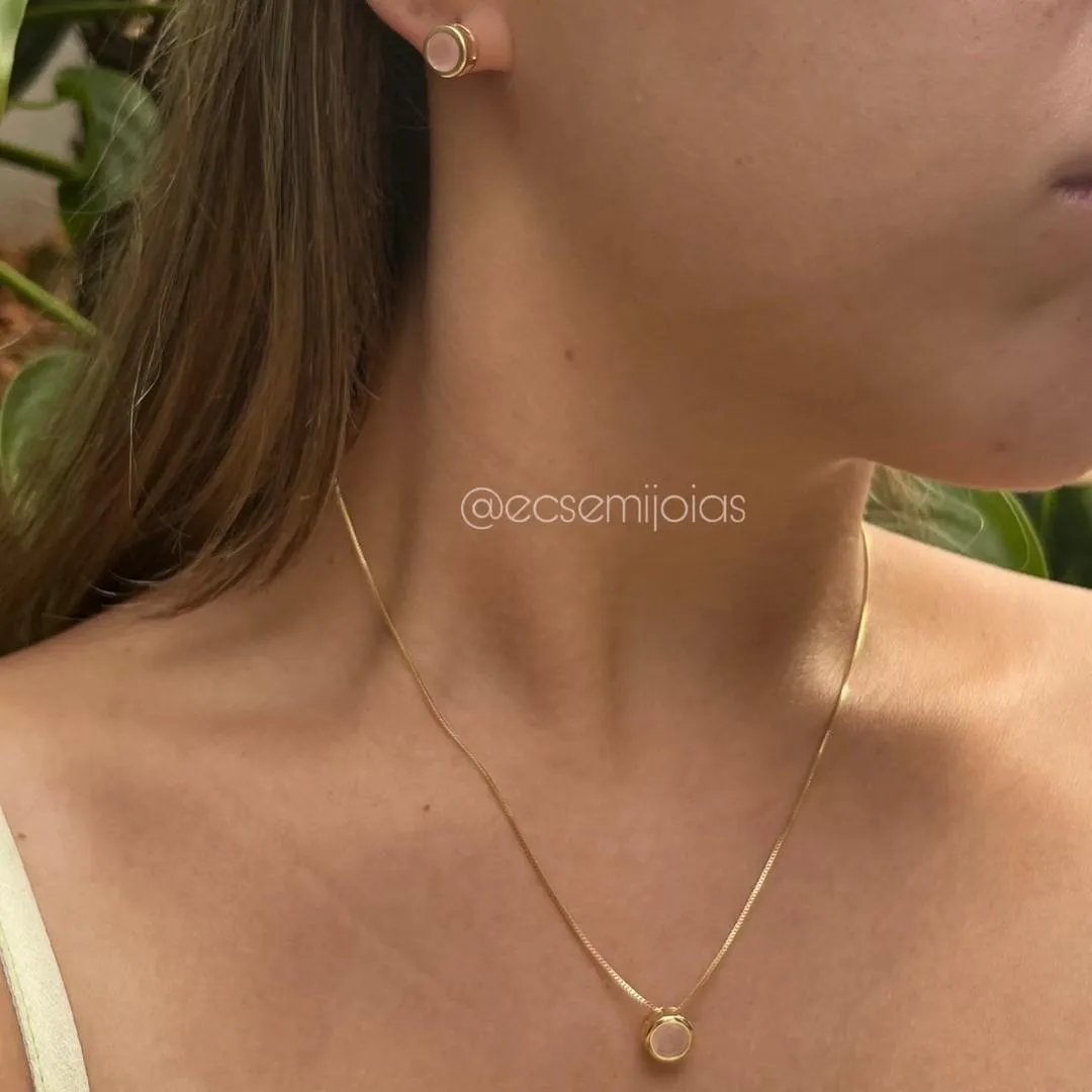 Conjunto de brinco e colar ponto de luz redondo - 6mm - banhado a ouro 18k