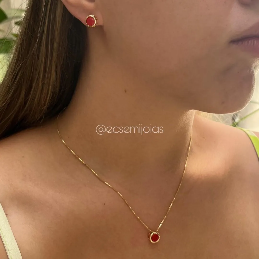 Conjunto de brinco e colar ponto de luz redondo - 6mm - banhado a ouro 18k