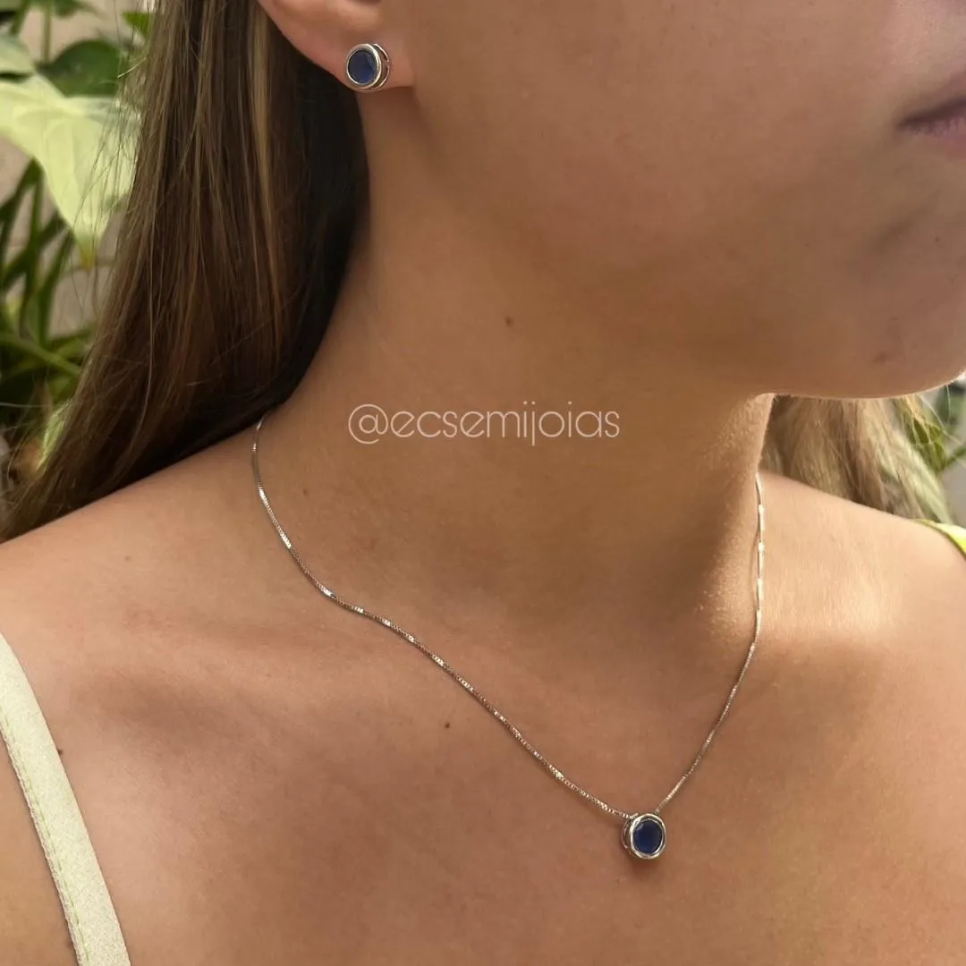 Conjunto de brinco e colar ponto de luz redondo - 6mm - banhado a ródio branco