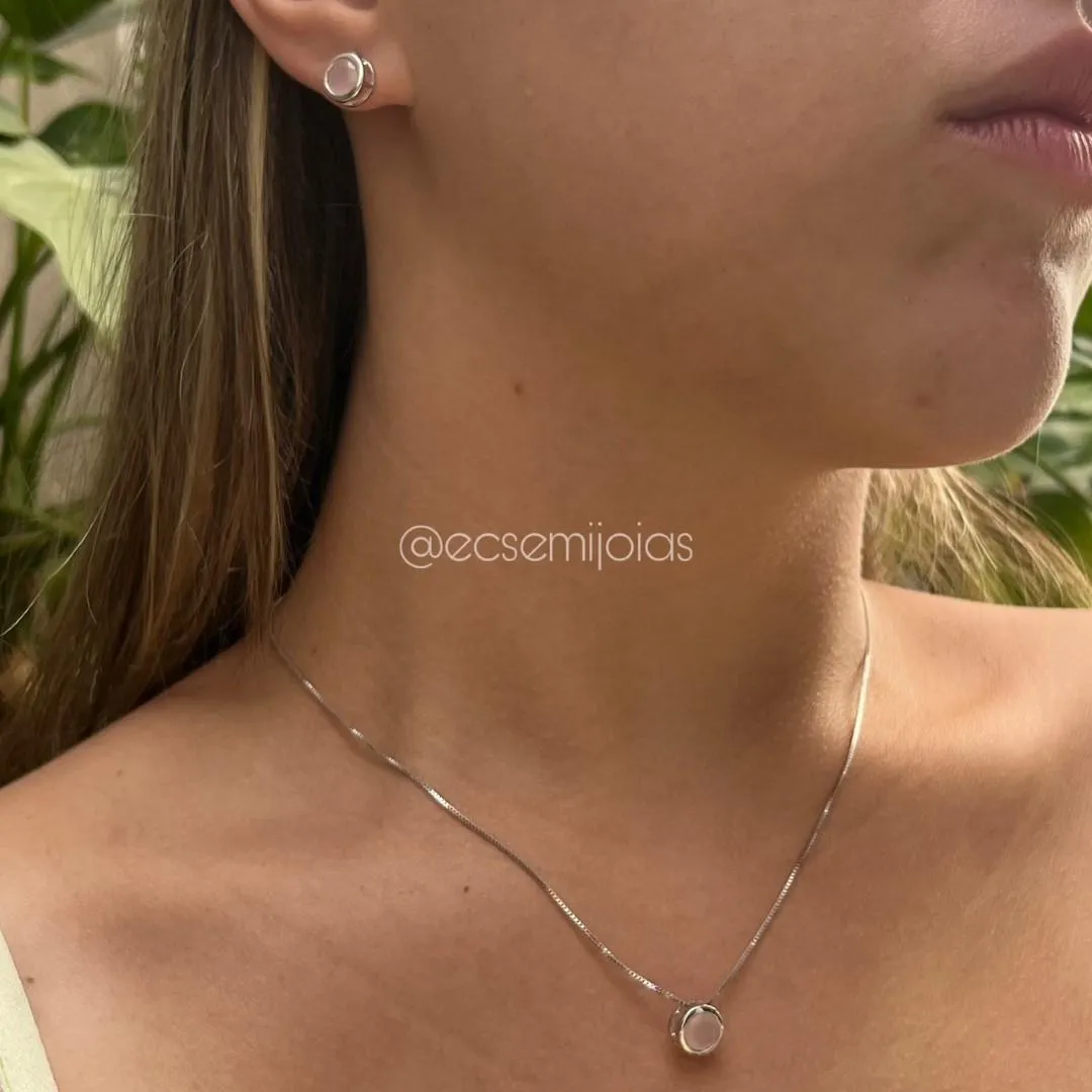 Conjunto de brinco e colar ponto de luz redondo - 6mm - banhado a ródio branco